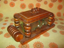 Retro 50s Ancienne BOÎTE A SUCRE BISCUITS en BOIS et VERRE FLEURS VIntage Café 