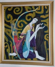 Peinture originale signée Barton - Femme asiatique Art Déco - 70 x 60 cm