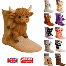 8PCS 3D Tricoté Animal Chaussettes Highland Vache Crocheté Main Double Couche Coton Chaud