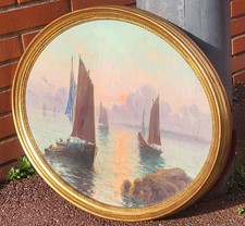 Émile Gauffriaud  .  Paysage Marin Peinture huile sur panneau Ovale signé.