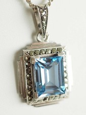 COLLIER PENDENTIF ANCIEN ART DECO ARGENT MASSIF TOPAZE BLEUE ANTIQUE SILVER NECK