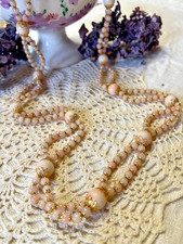 Collier sautoir ancien perles verre Tchèque opaline rose style Art Déco - 100 cm