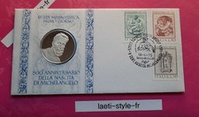 R1706rare Médaille argent et timbre 1975 500 ans naissance Michel-Ange 32 gr 