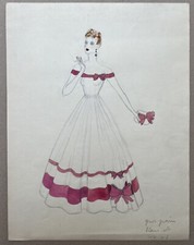 Dessin Original Aquarelle Croquis Mode Portrait Femme élégante Robe Rose Blanche