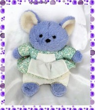 Doudou Peluche Souris Bleu Lavande Robe Fleurs Vert Tablier Blanc