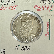 1/3 ECU de France - LOUIS XV - 1723 (9) Pièce de Monnaie en Argent // TB