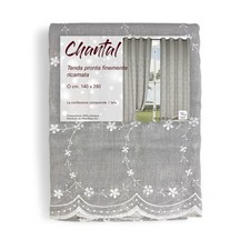 Rideau brodé gris Chantal à fleurs blanches - Polyester semi-transparent 140x280