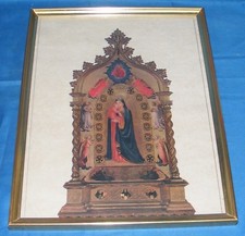 CADRE EN BOIS DORÉ VITRÉ CHROMO VIERGE A L'ENFANT ANGES IMAGE PIEUSE /B2545