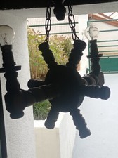 Ancien lustre suspension en bois tourné – 2 lampes – style rustique chalet 