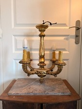 Ancien Lustre Doré Bois Doré Plafonnier 4 feux 4 branches Bougeoir Chandelier