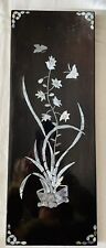 Tableau vietnamien laqué noir vintage  incrustation de nacre fleurs  & papillons
