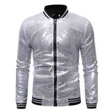 Hommes Sequin Baseball Varsity Veste Fermeture Éclair Danse Show Blazer Costume