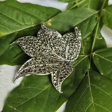 Broche Vintage Feuille Argent Rhodié Marcassites 4x4 Cm