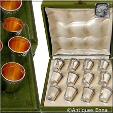 Antique French Sterling Silver 18k Gold Liquor Cups 12 pieces, Original Box