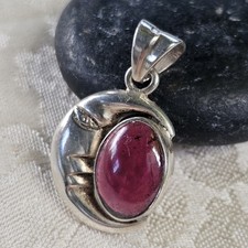 Pendentif Vintage Artisan Lune Argent 925 Grenat Poinçon 30x18mm
