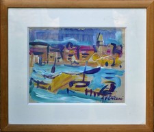 Gouache sur carton , Antoine Ferrari ,  Marseille le vieux Port