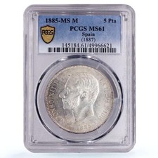 Spain 5 pesetas King Alfonso XII Coinage KM-688 MS61 PCGS silver coin 1885