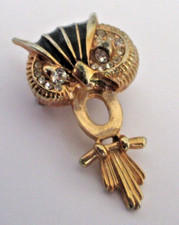 Broche chouette hibou couleur or cristaux diamant chance bijou vintage 656