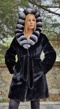 REAL NEW MINK FUR COAT JACKET BLACK VELVET HOOD SABLE CHINCHILLA FOX