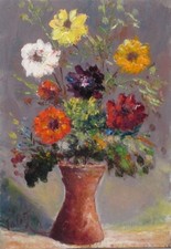 Vintage French Oil Painting,  Bouquet of Flowers in a Terracotta Vase, Signed