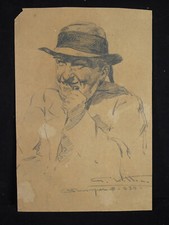 Giulio VITTINI Quimper 1939 portrait vieux Breton hilare à la pipe Bretagne 29cm
