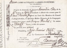 compagnie des gardes pompiers de CHAMBERY 1955 bon de secours de 20 livres