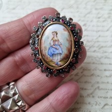 Broche Ancienne Fin XVIIIè Bergère Grenats Or et Argent Enamel Brooch 18thC