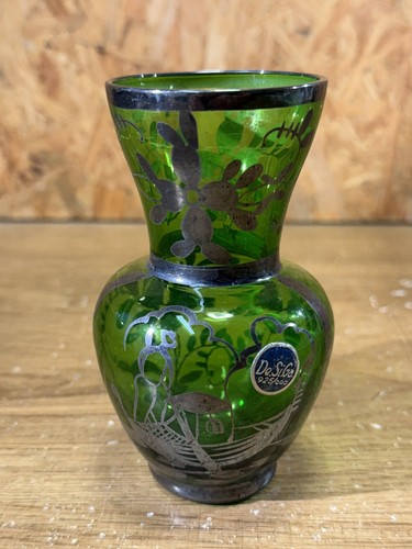 Vase ancien verre vert argent
