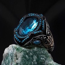 Blue Topaz Men's Ring Solid Silver 925 the Ottoman heritage of high jewelry