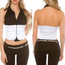 Sexy Miss Femmes Col Chemise Bustier Guêpière Top Satin Strass S 34 M 36 L 38