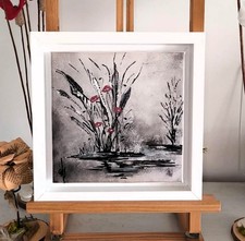 Tableau encadré Coquelicot Abstrait -Art Brut- Gris/Rouge/Texte -Repro -signé