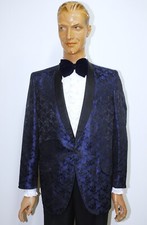 Vintage 60s Night Blue Floral Brocade Tuxedo Dinner Jacket FIRST NIGHTER Size M