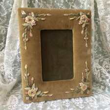 Antique Vtg FRENCH Soft Green VELVET PICTURE FRAME with Pink Floral RIBBON WORK