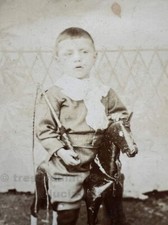 CDV WOODEN TOY HORSE 1900 BOY UNIFORM ORIGINAL OLD ANTIQUE GENUINE PHOTO CHILD