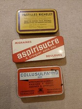 3  Boites en Métal de médicaments pastilles richelet Aspirisucre Collusulfamyd 