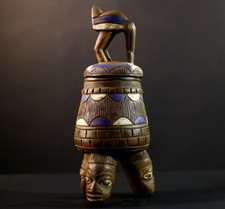 Statue africaine vintage couvercle d'oiseau Luba récipient rituel têtes sculp...
