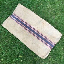 Middle Size Vtg Old FRENCH HEMP LINEN Country Farm FEEDSACK BAG RED/NAVY Stripes