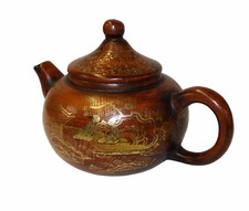 Chinese Zisha Clay Brown Golden Scenery Teapot Display cs3400