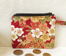 Porte-monnaie tissu imprimé coton japonais rouge et or, motifs fleurs