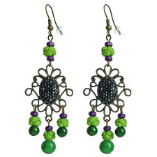 Boucles D'oreilles pendante ethnique chandelier long vertes perles pierres bois