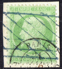 FRANCE ! Timbre NAPOLEON de 1871 n°35 vert pâle sur bleu GRILLE SANS FIN BLEUE