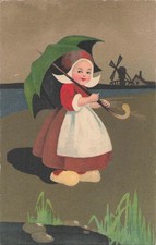 CP ILLUSTREE HOLLANDE PETITE FILLE SABOTS PARAPLUIE MOULIN - 66015