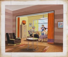 Grande gouache de Léo FONTAN vers 1937 scène d'intérieur ART DECO architecture