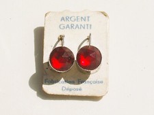 BELLES BOUCLES D'OREILLES DORMEUSES ANCIENNES en ARGENT avec STRASS ROUGE 9mm