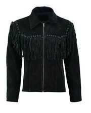 Veste western cowboy homme en cuir daim noir Zayn avec pompons à franges