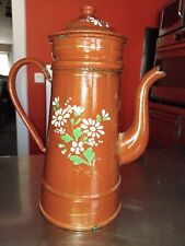 Ancienne Cafetière Métal Emaillé Décor de marguerites  TB 32 cm