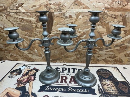 Paire bougeoir etain triple - bougeoir,