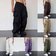 Pantalon de survêtement à jambes larges en nylon kaki tendance cargo parachute