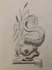 Très Beau Dessin XIXe Oiseau Dauphin Élément Architectural Crayon Décoration Art