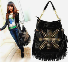 Sac A Main Simili Cuir Clou Pyramide Dore Drapeau Anglais Frange 38 x 35 x 10 cm